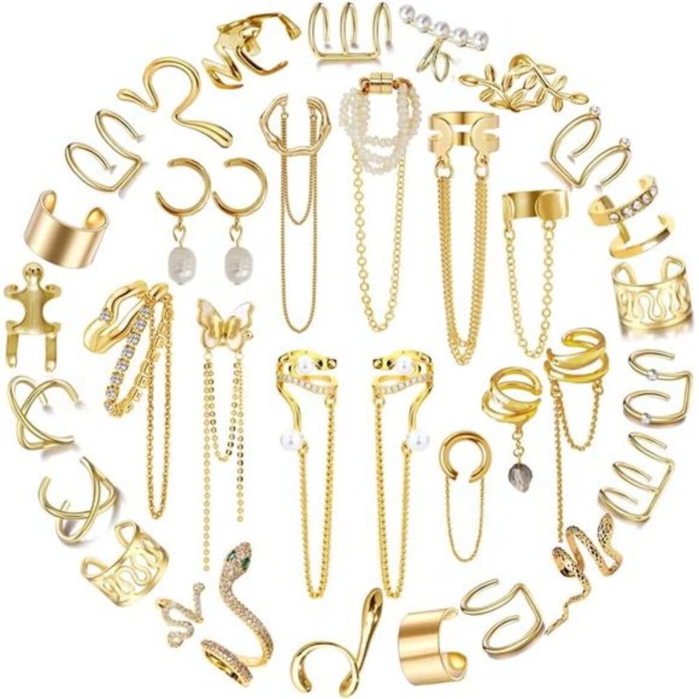 35 PCS Gold Silver Adjustable Ear Cuffs Earrings for Women Non-Piercing